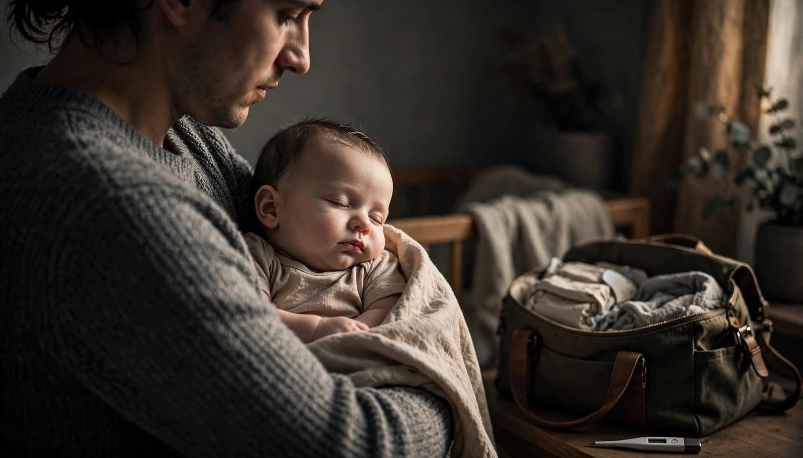Caregiver holds an infant while a thermometer and diaper bag rest nearby.
