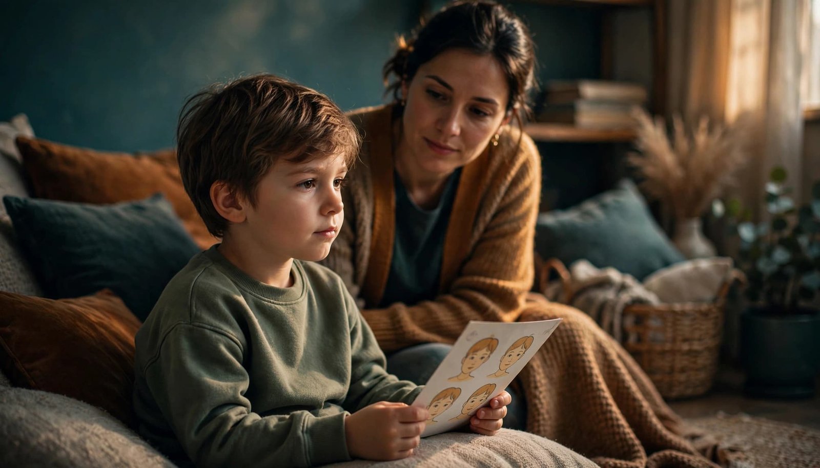 A child holds a feelings chart while a parent watches nearby in a warm living room.