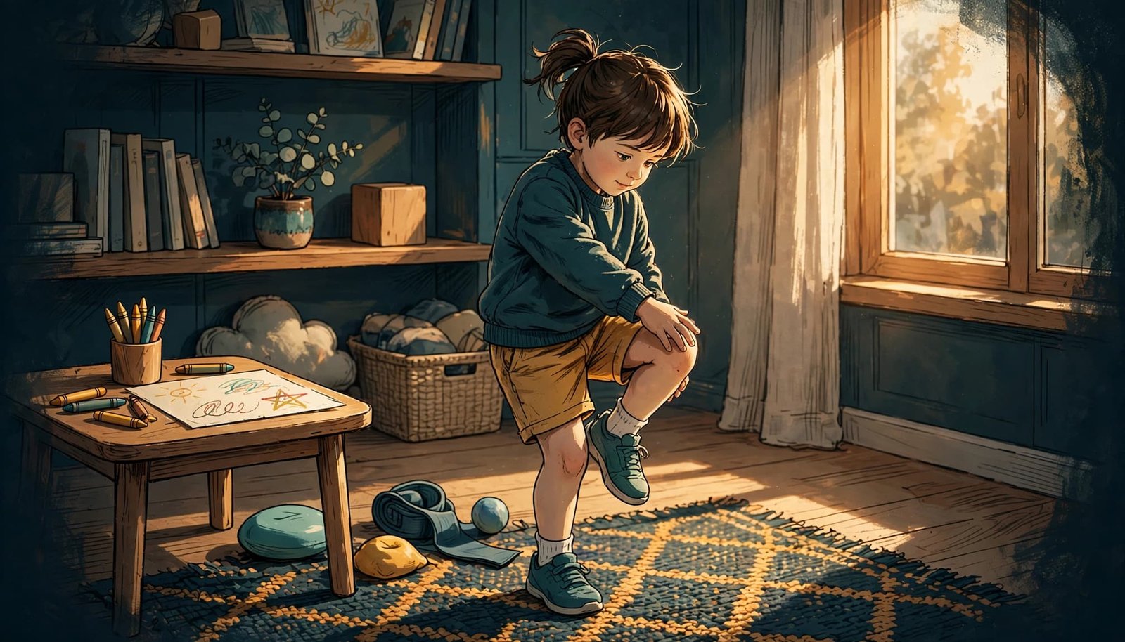 Child lifting one knee and reaching across in a bright learning room.