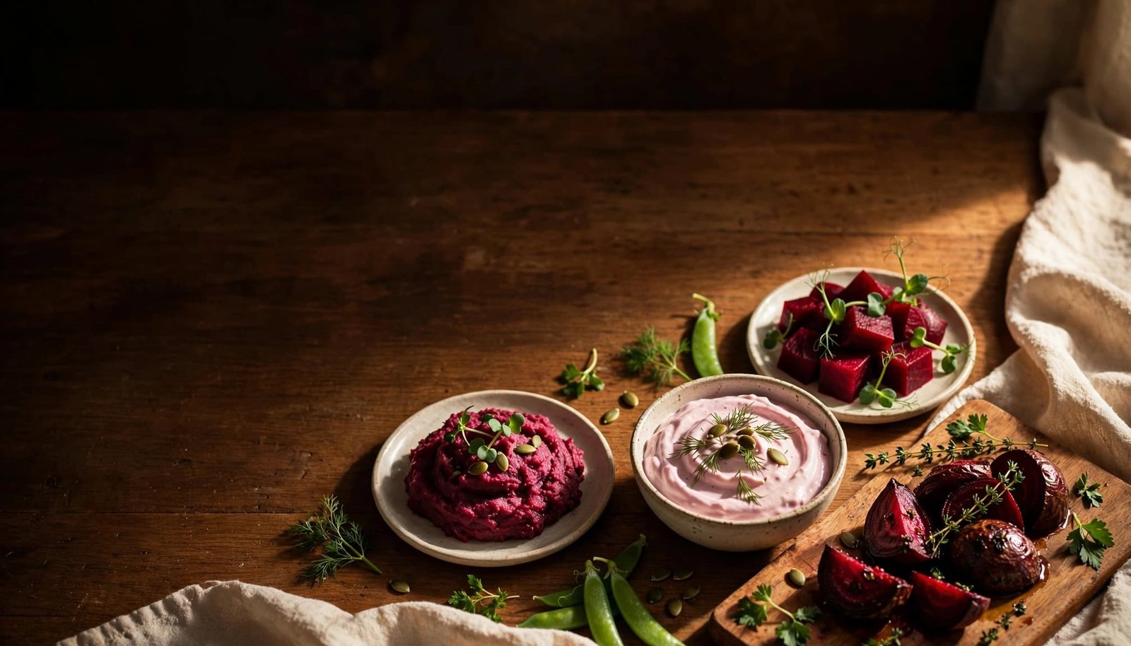 Beetroot cubes, mash, dip, and roasted pieces arranged on plates around a cutting board.