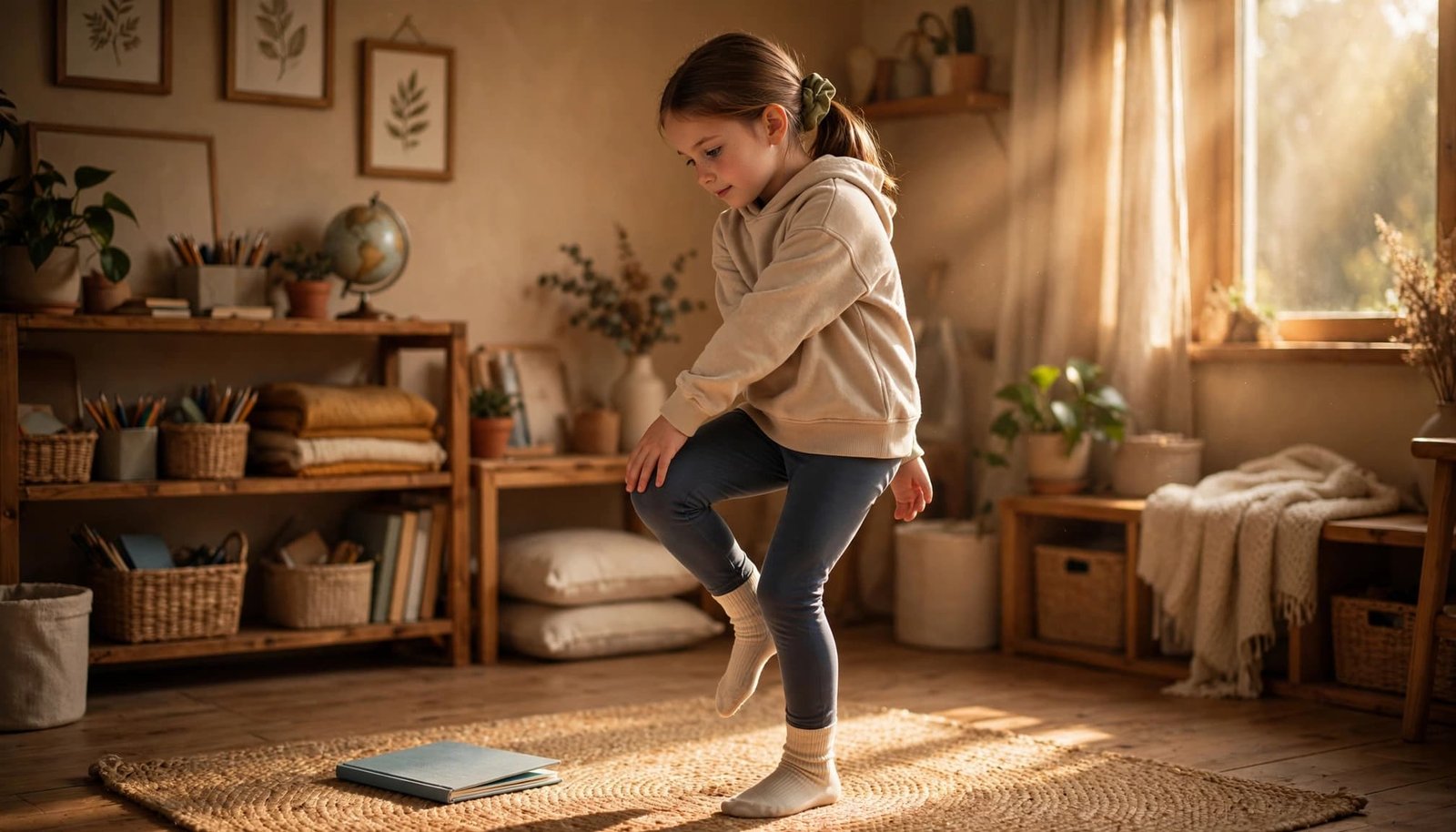 A child doing a gentle cross-body movement beside a book at home.