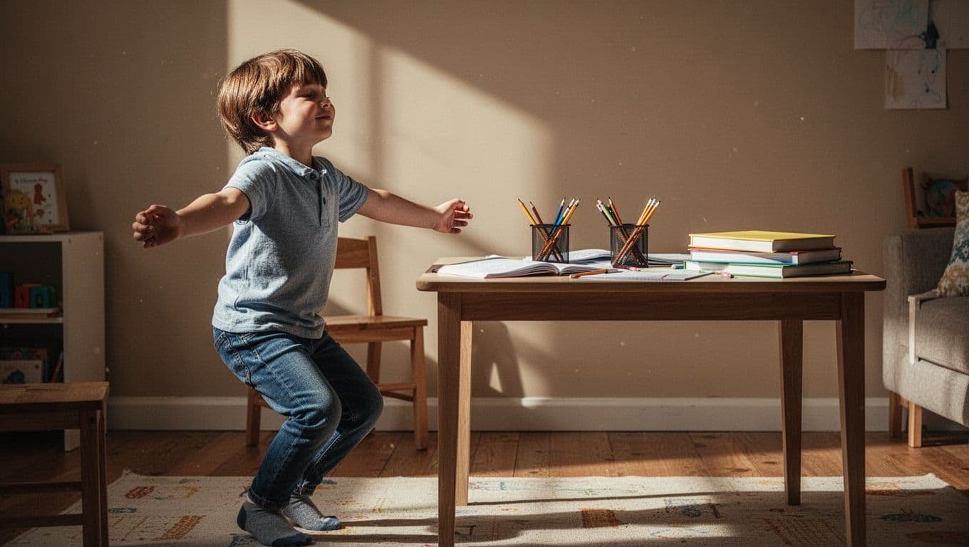 A child stretches beside a homework table with books and pencils.