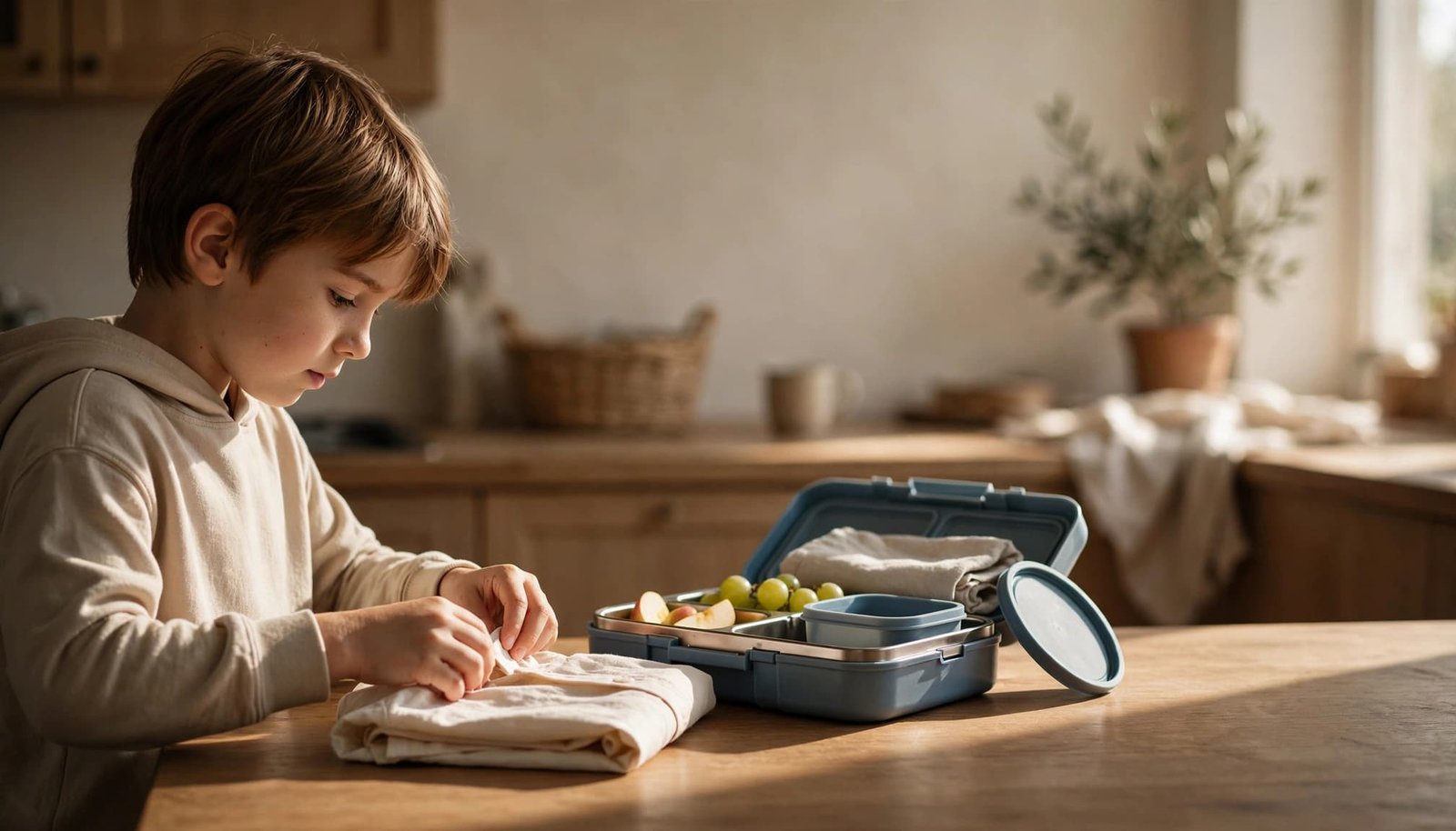 A child organizes a lunchbox and folds a shirt at a kitchen table.