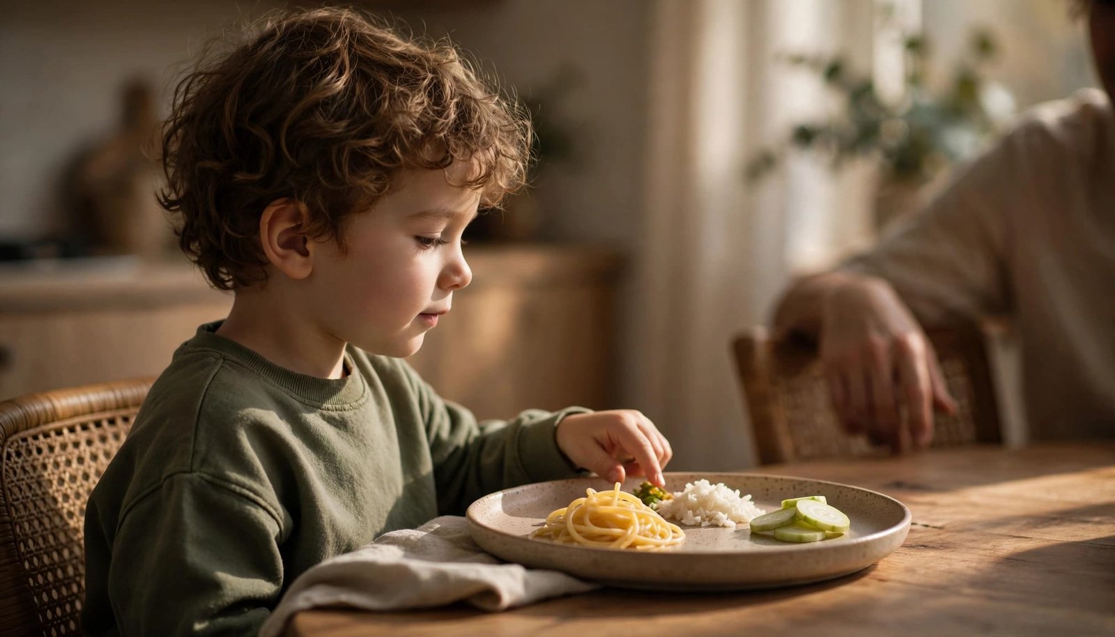 A child studies a small vegetable portion beside pasta and rice at the dining table.