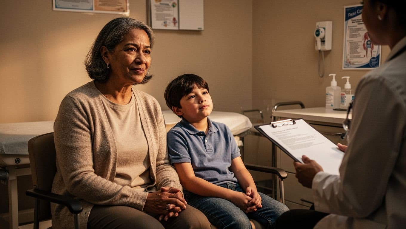 A parent and child sit together during a calm pediatric mental health appointment.