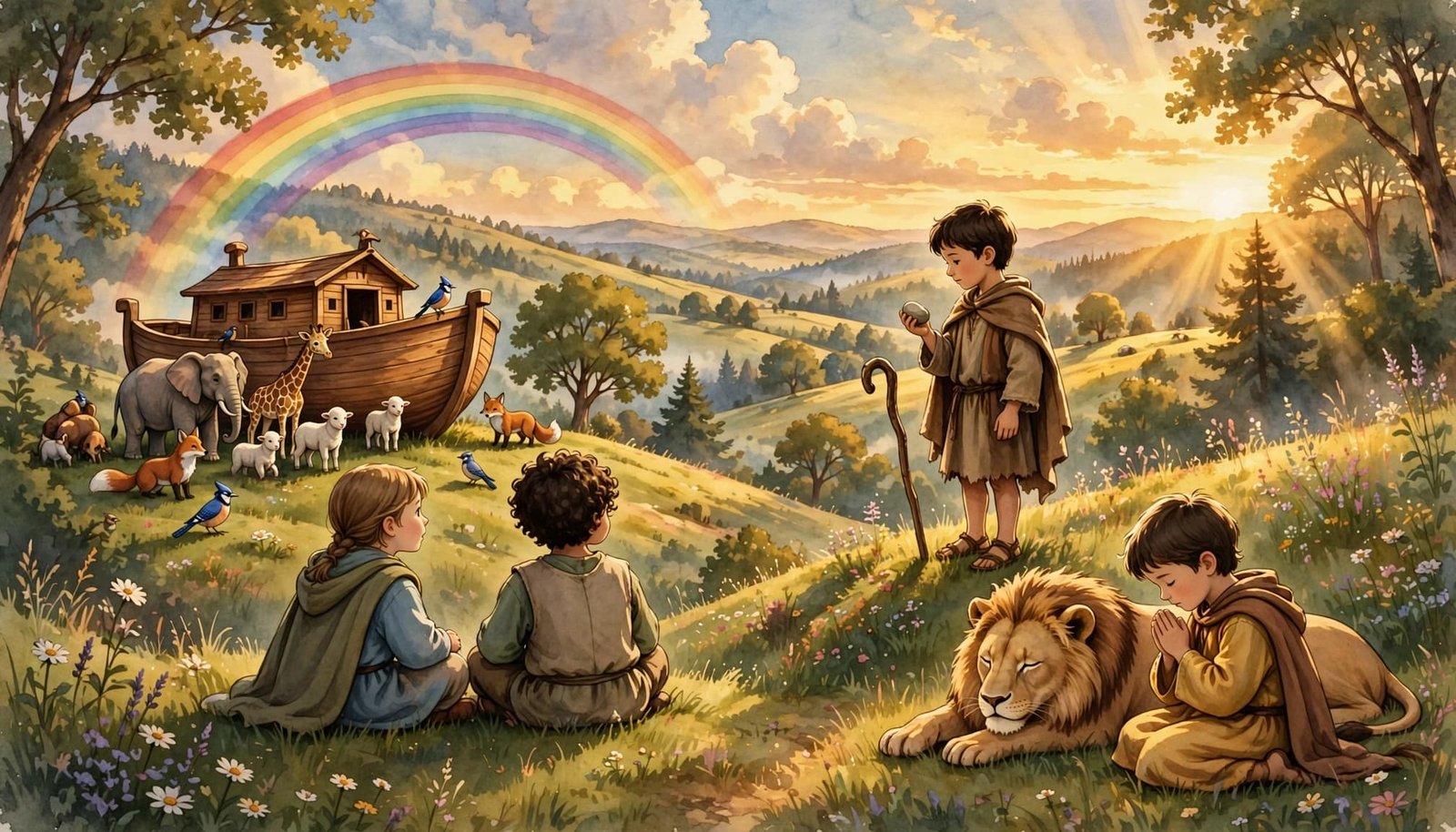 Four children explore Bible story scenes with an ark, rainbow, shepherd, lion, and praying child.
