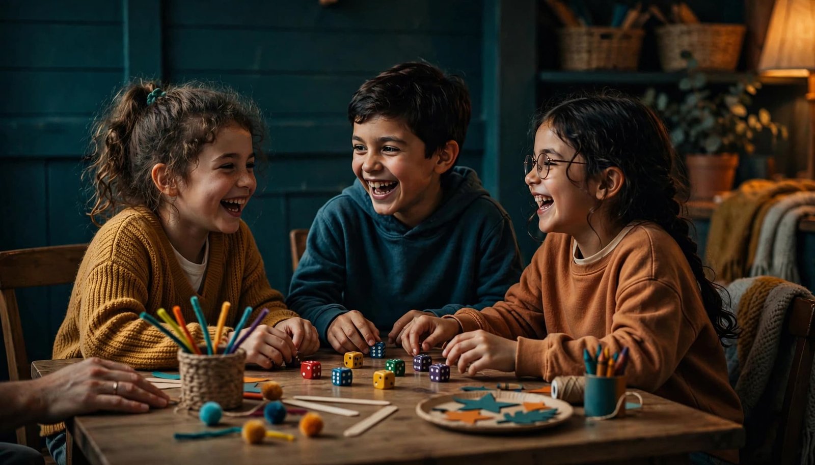 Three children roll colorful dice at a table while an adult hand rests nearby.