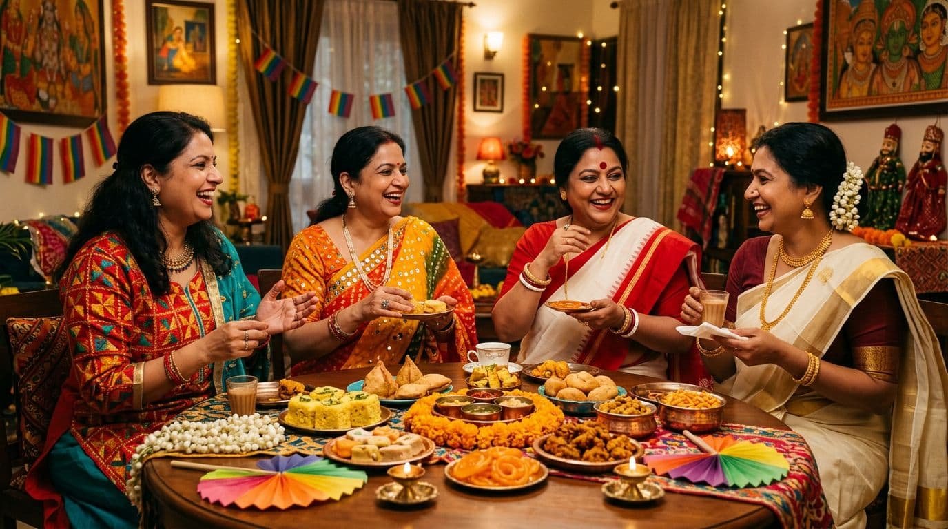 Four Indian women in festive clothing gather around a table of snacks and flowers.