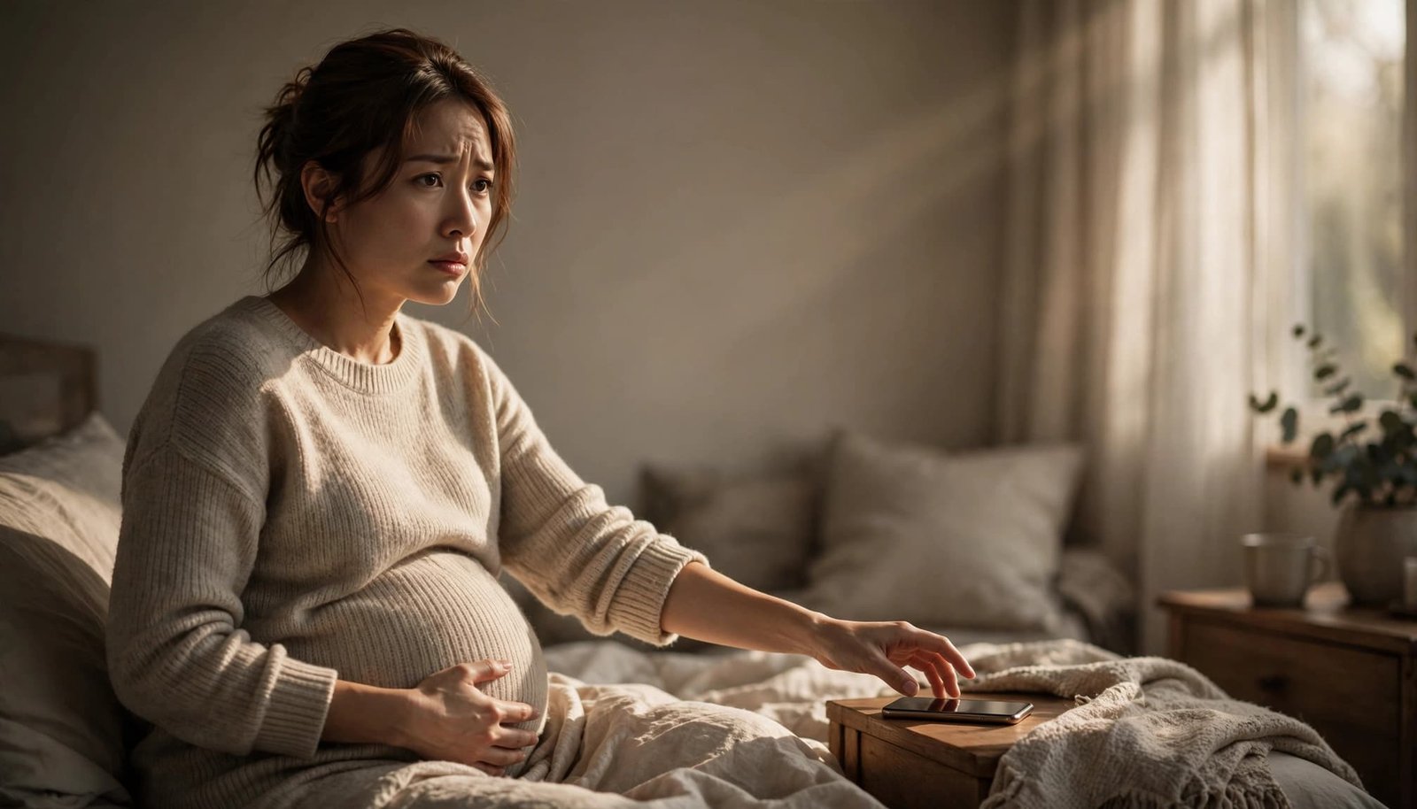 Pregnant woman reaches for her phone while holding her abdomen in a softly lit bedroom.