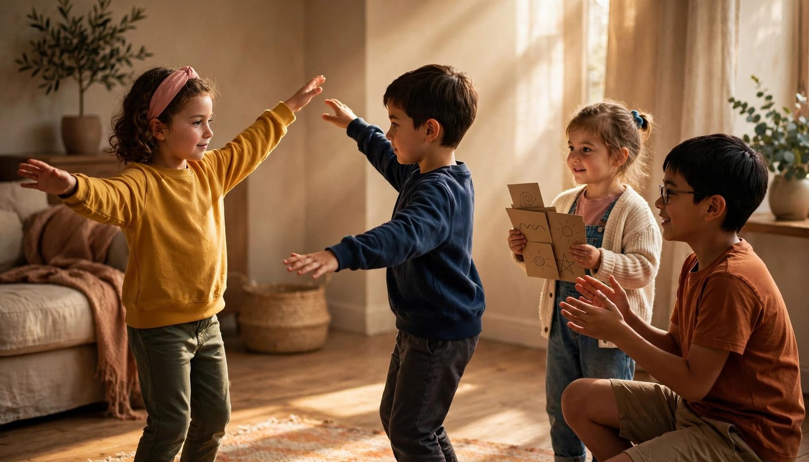 Four children play a cooperative dance game in a bright living room.