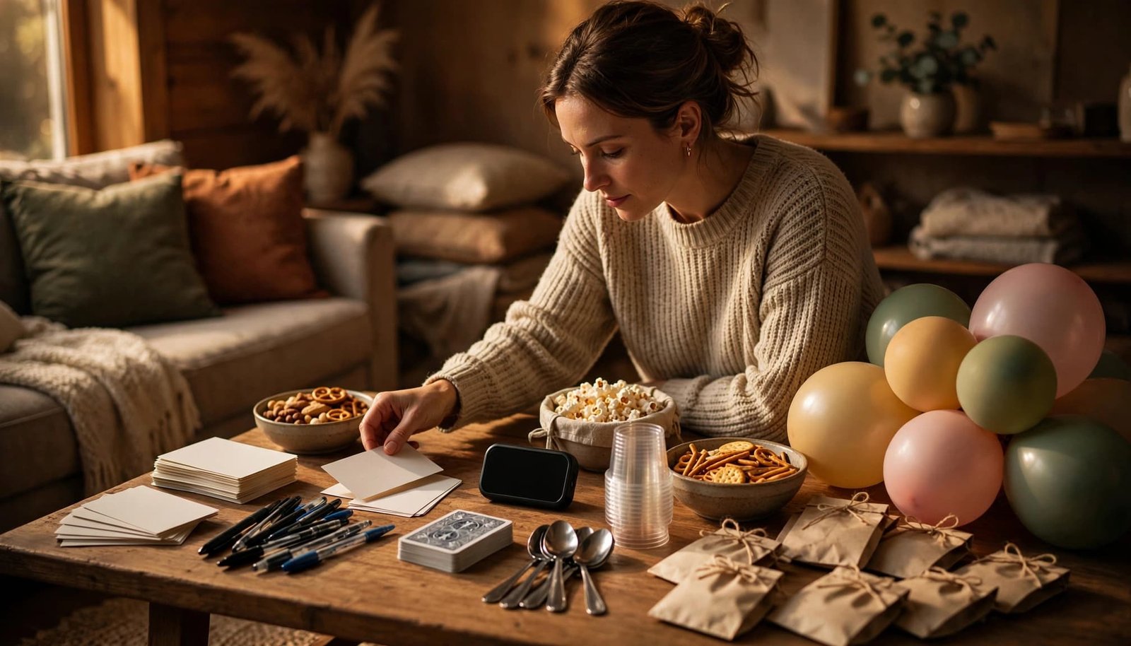 An adult arranges party games and supplies on a table in a warmly lit living room.