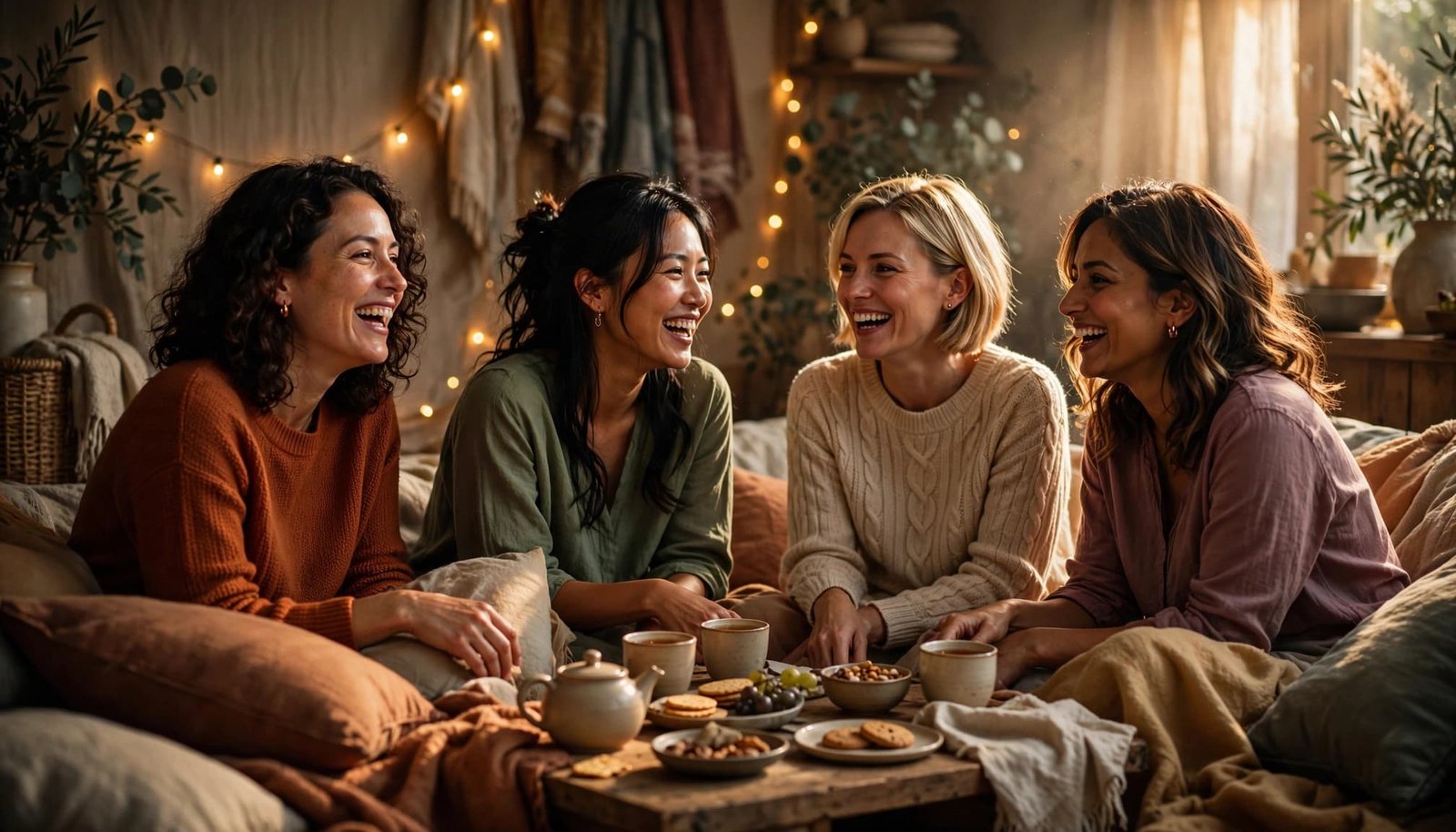 Four women chat on cushions around a low table with tea and snacks.