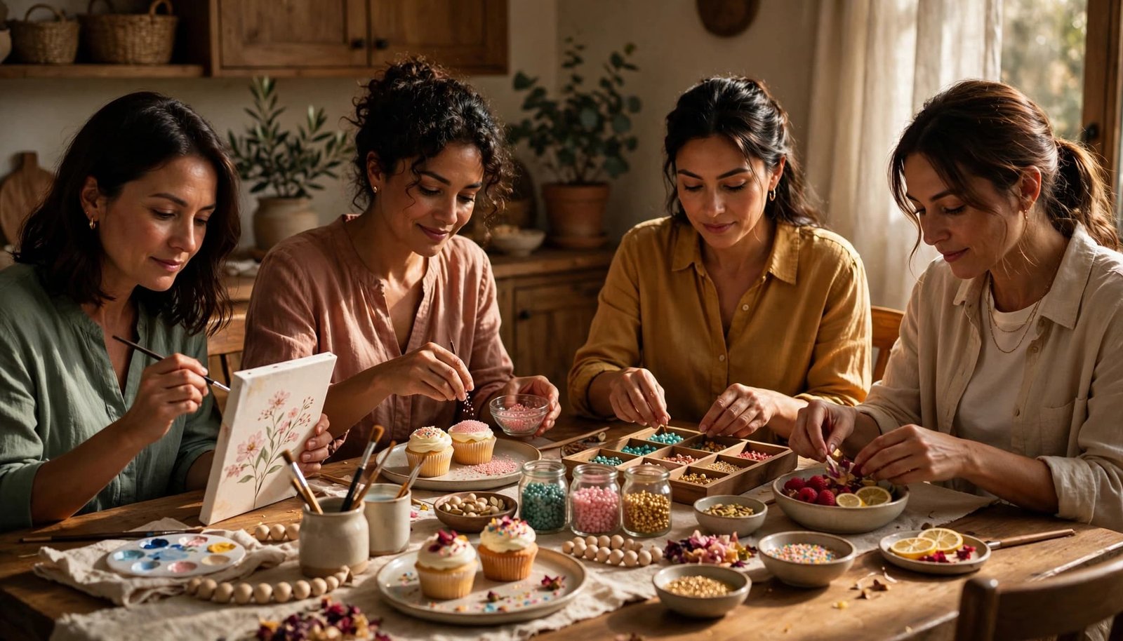 Four women enjoy painting, cupcakes, and crafts around a bright dining table.