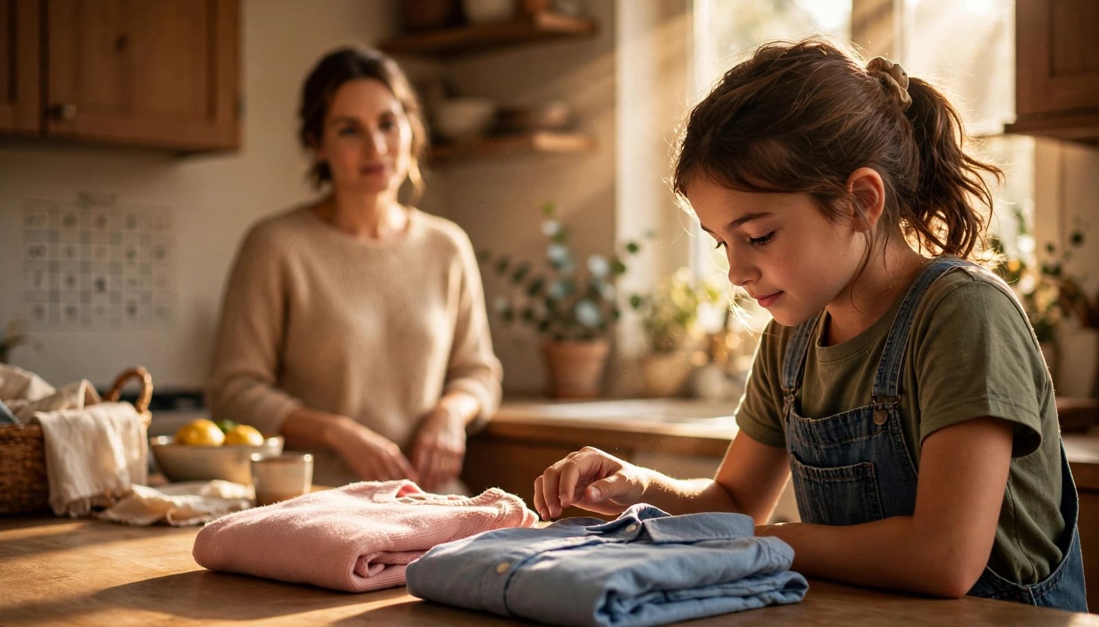 A daughter chooses between folded outfits while her mother helps with a kitchen chore.