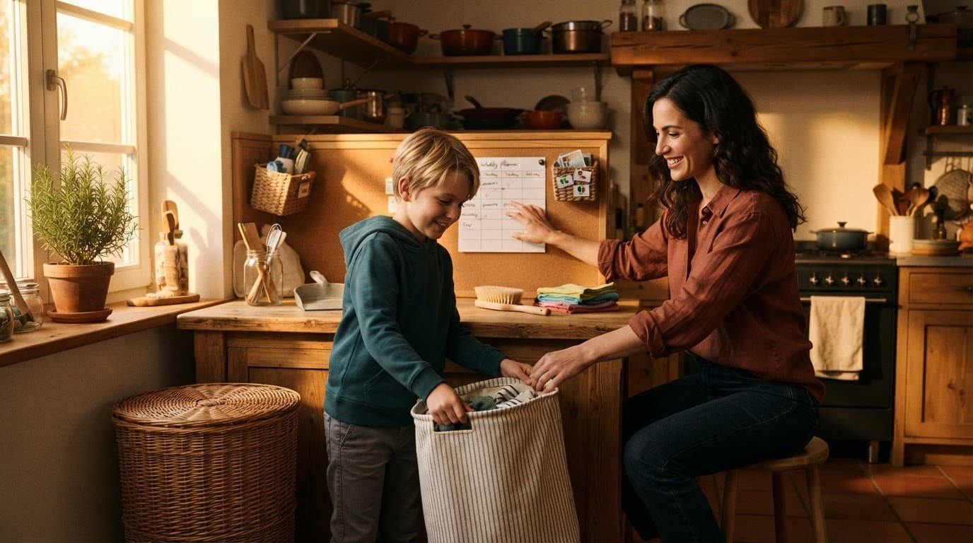 A parent and child organize chores beside a laundry hamper in a warm kitchen.