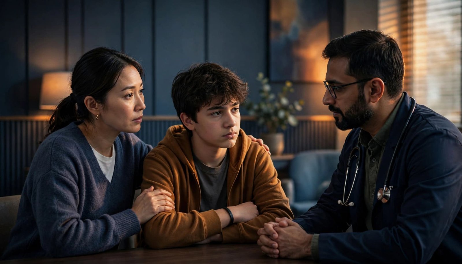 A parent and teenager speak with a clinician in a calm, warmly lit clinic room.