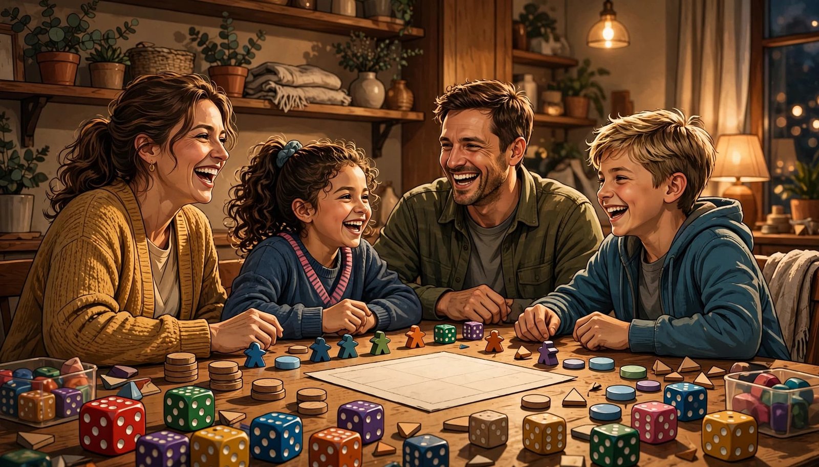 Two adults and two children laugh while playing dice games at a kitchen table.