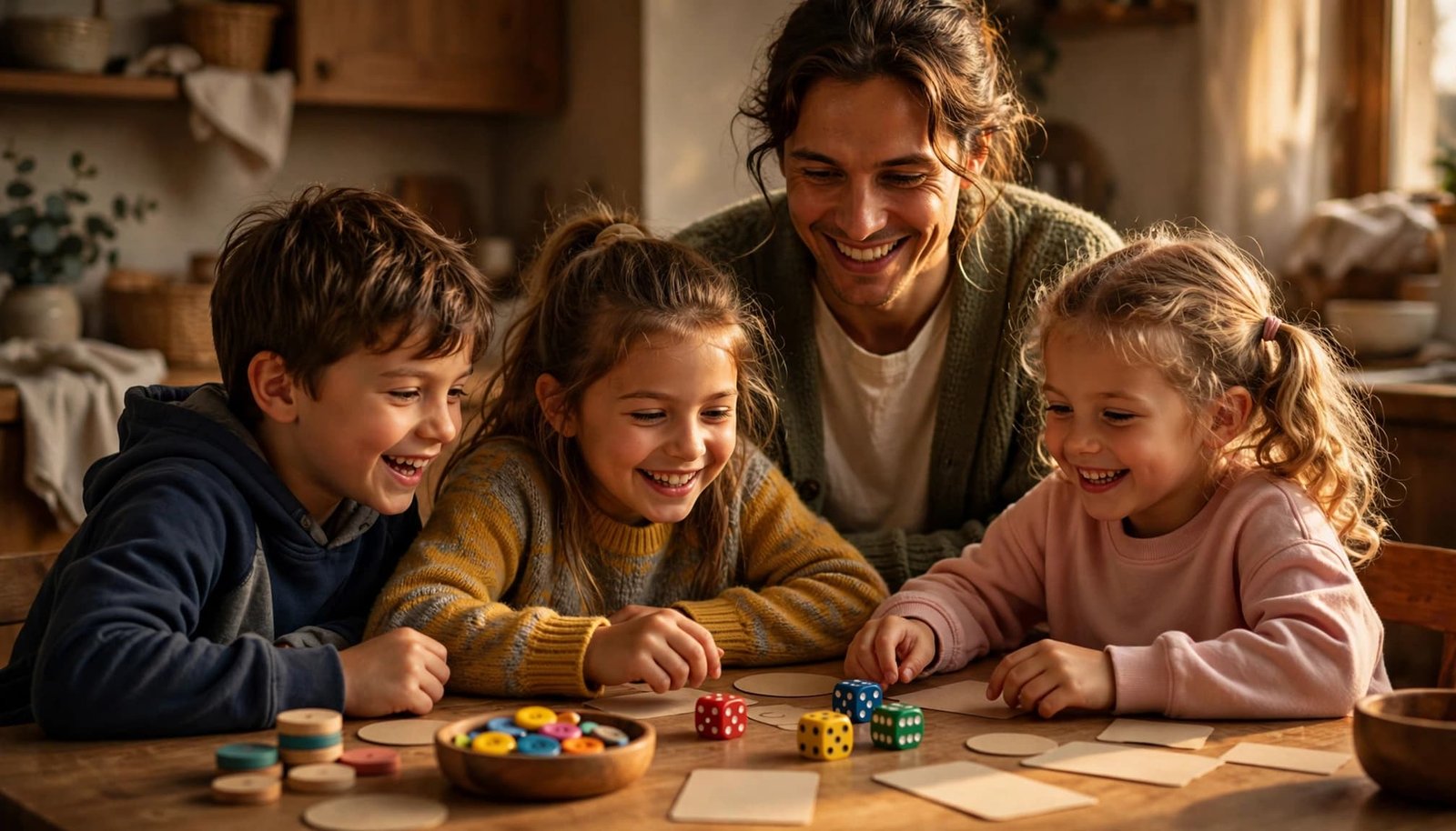 A parent and three children play a dice game with colorful pieces at a warm kitchen table.