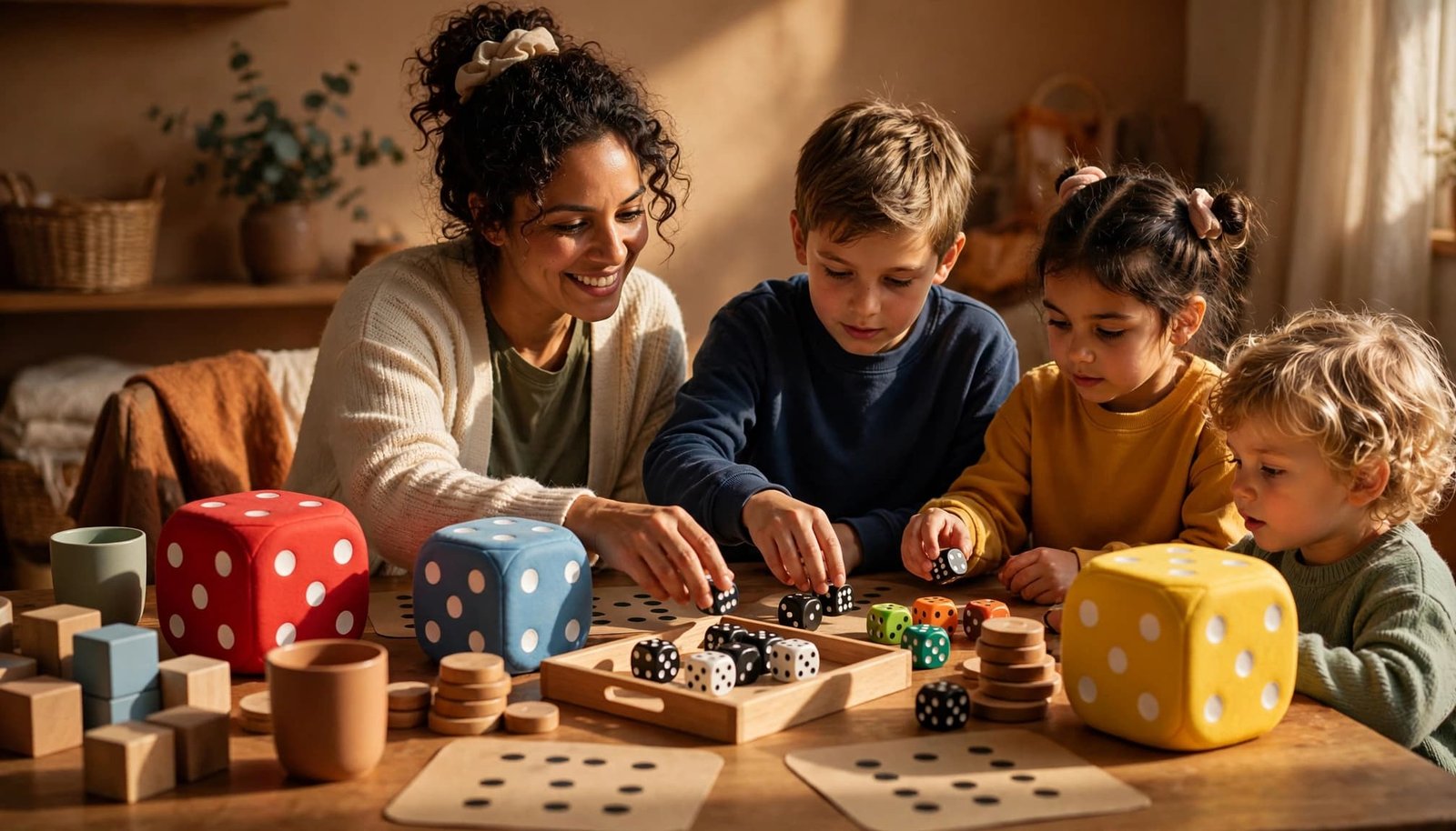 An adult and three children choose colorful dice around a table with game supplies.