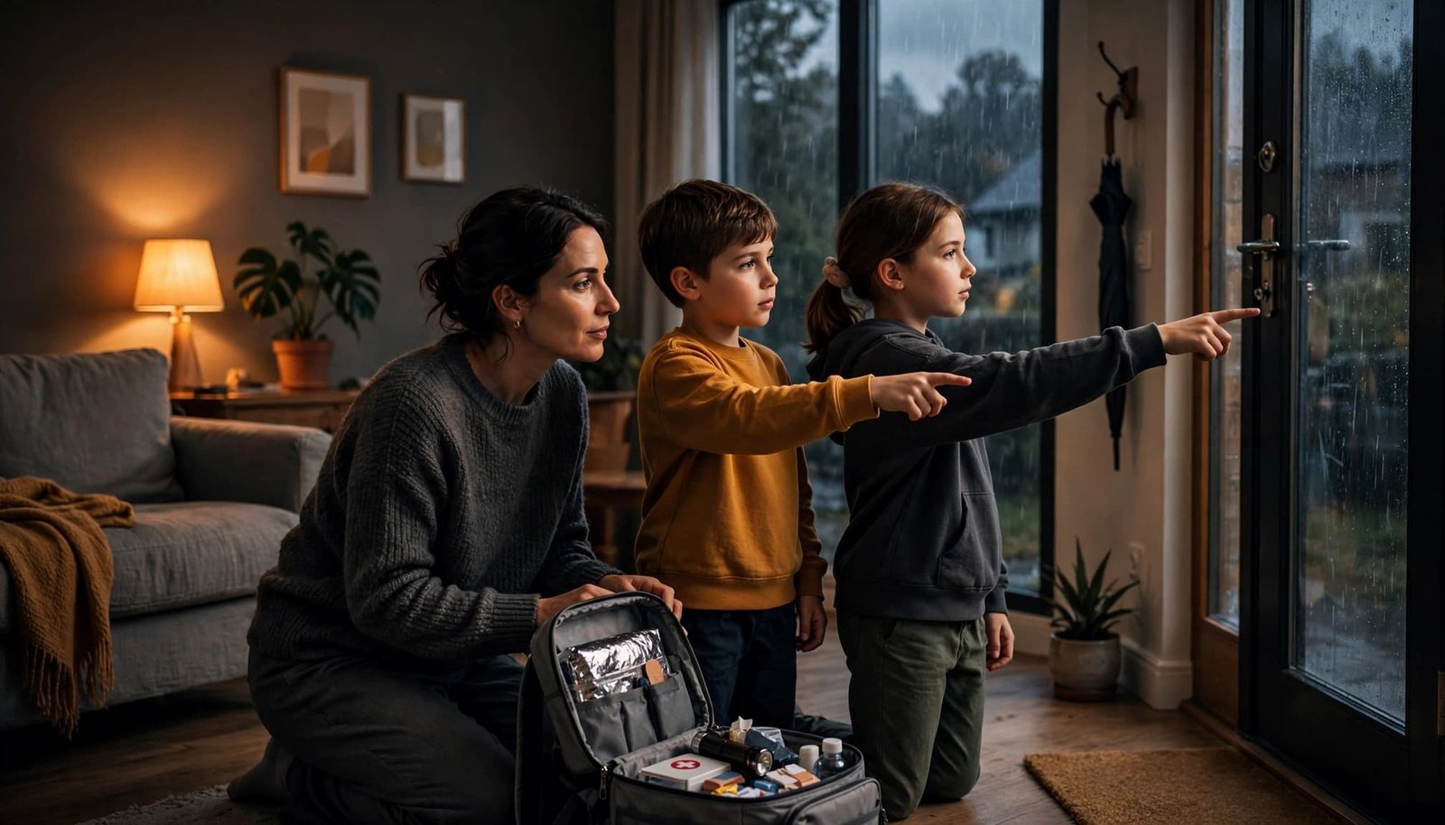 A parent and two children practice an emergency drill beside a backpack and front-door meeting spot.