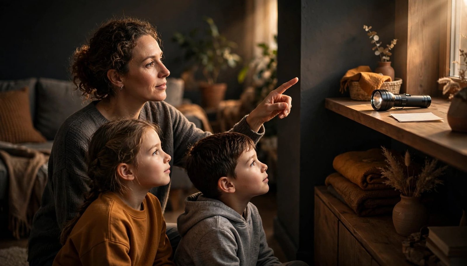 A parent shows two children a home safety checklist and flashlight.