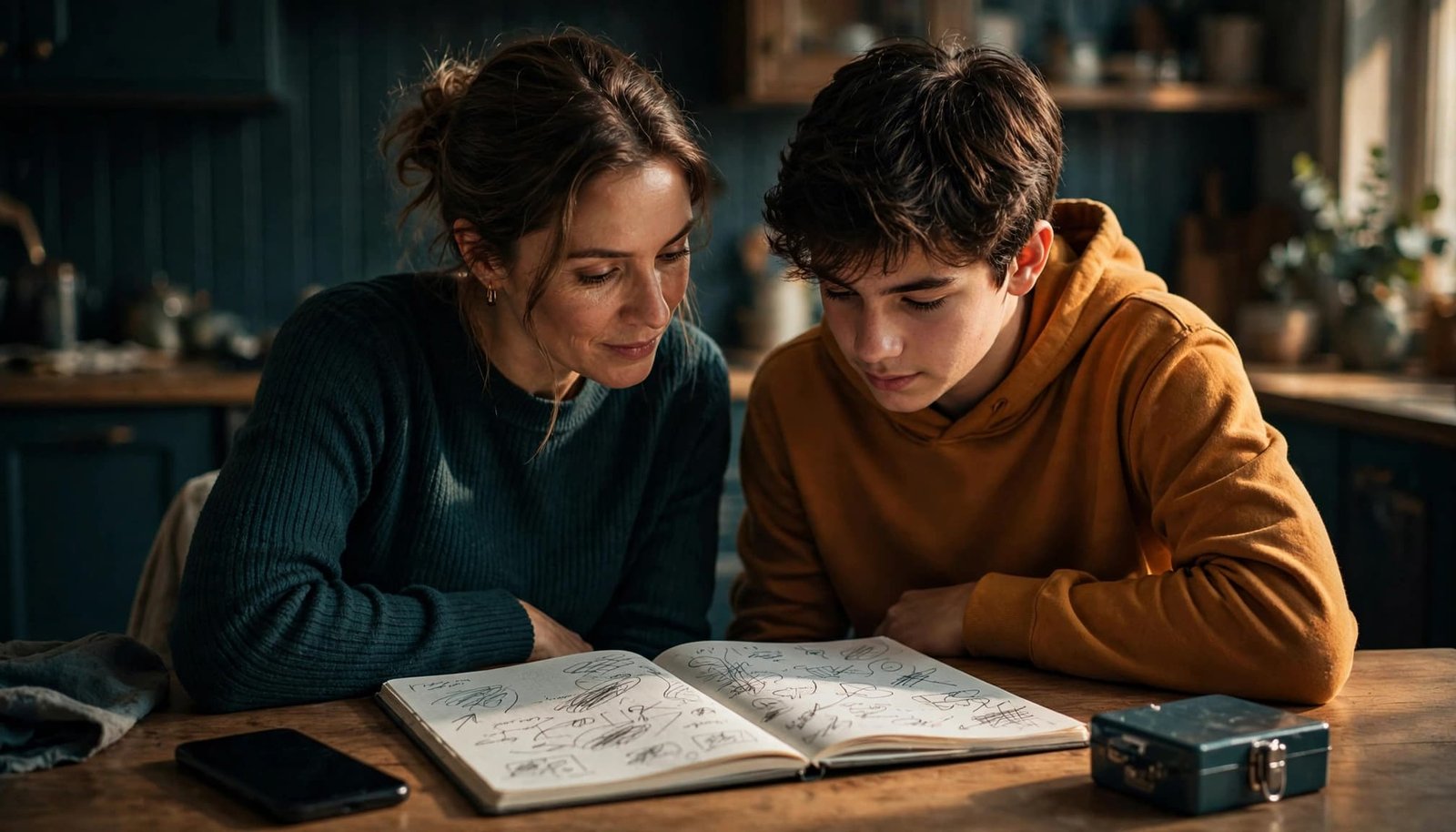 A parent and teenager review a plan beside a phone and locked medication box.