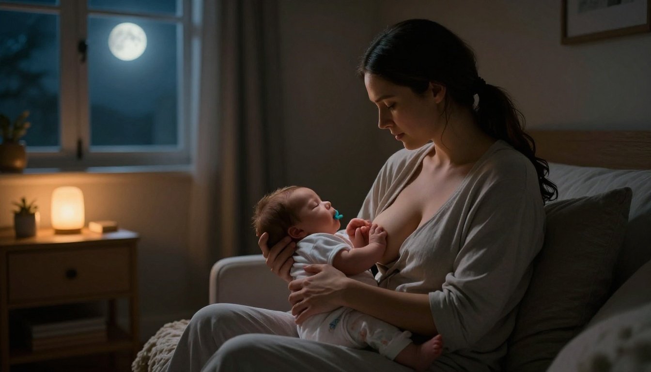 Mother breastfeeding a sleeping newborn in a softly lit bedroom at night.
