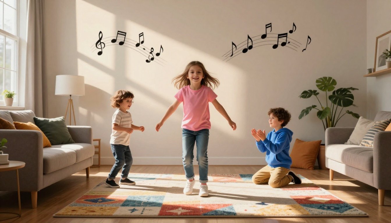 Three children dance and clap in a sunny living room.