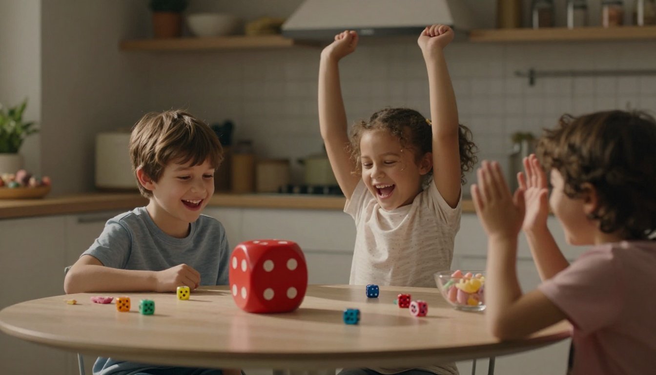 Three children laugh and play with colorful dice around a sunny kitchen table.