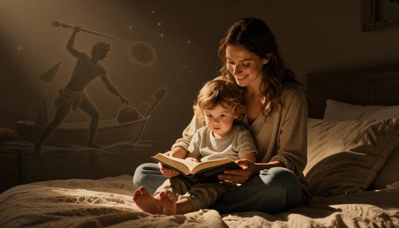 Mother reads an illustrated Bible to a child beneath starry wall scenes.