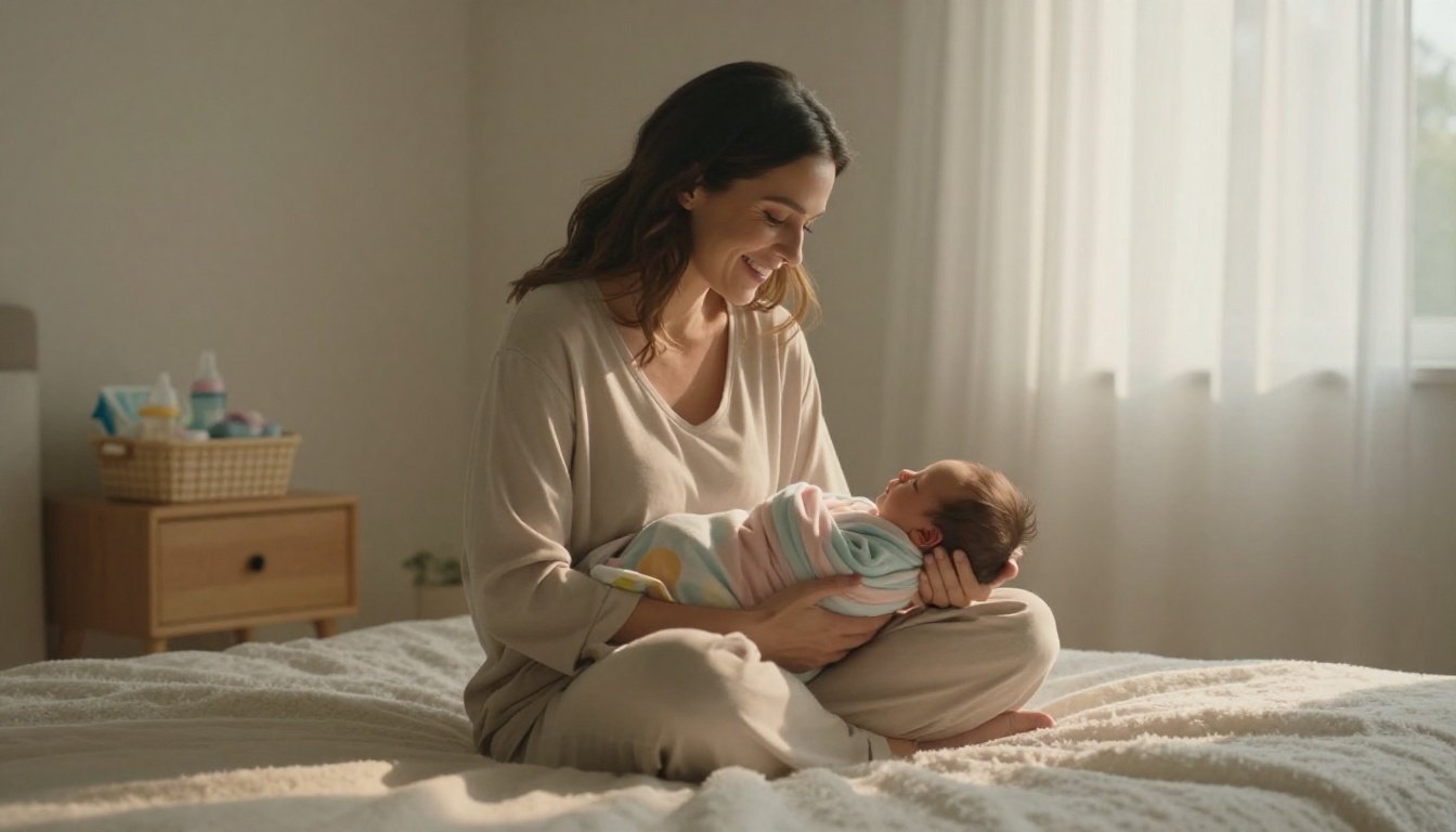 A mother cradles her sleeping newborn on a white rug beside baby supplies.