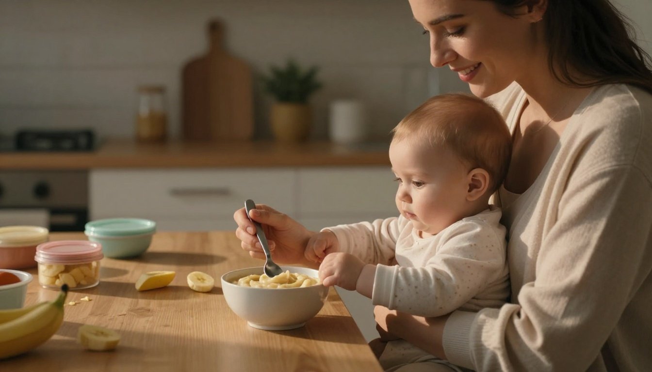 Mother feeding her baby creamy banana-oat puree in a warm kitchen.
