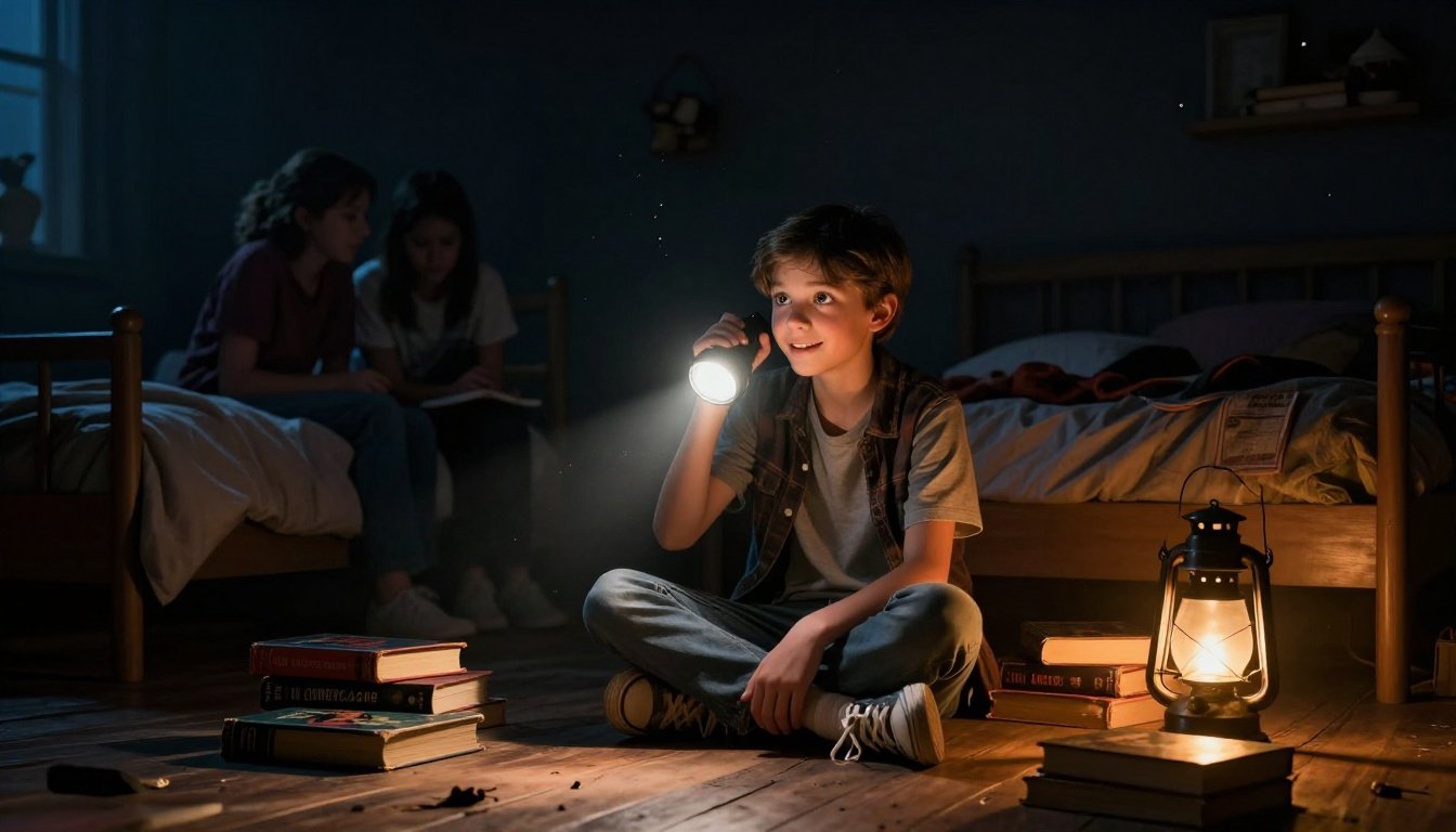 A teenager holds a flashlight among horror books while friends sit in the shadows.