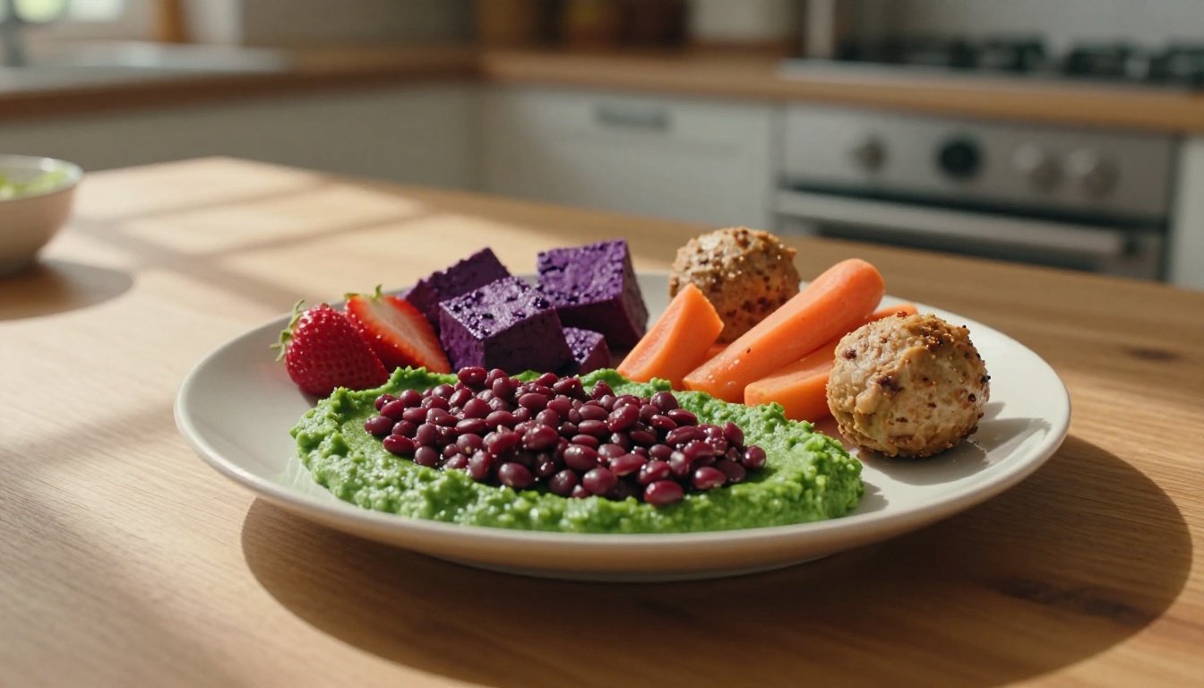 A child-sized plate with spinach, lentils, meatballs, carrots, tofu, and strawberries.