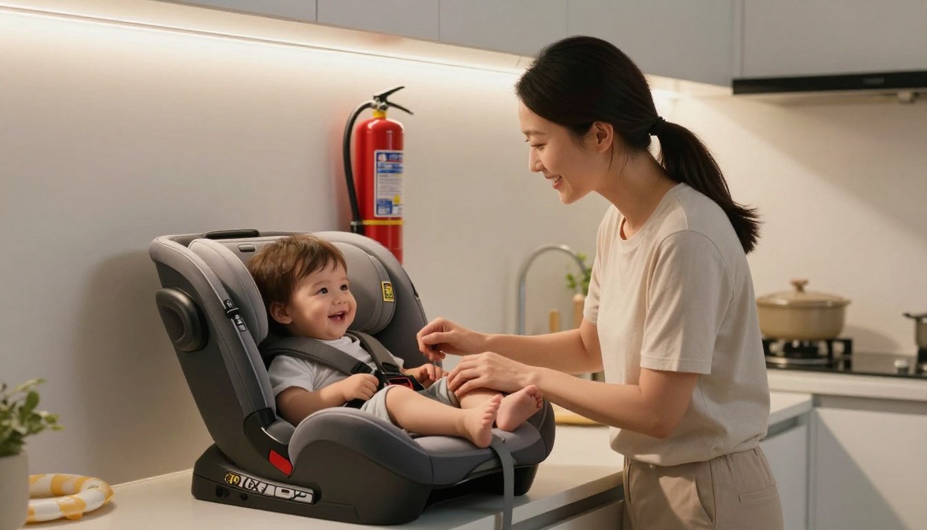 A mother holds a smiling toddler near household safety equipment.