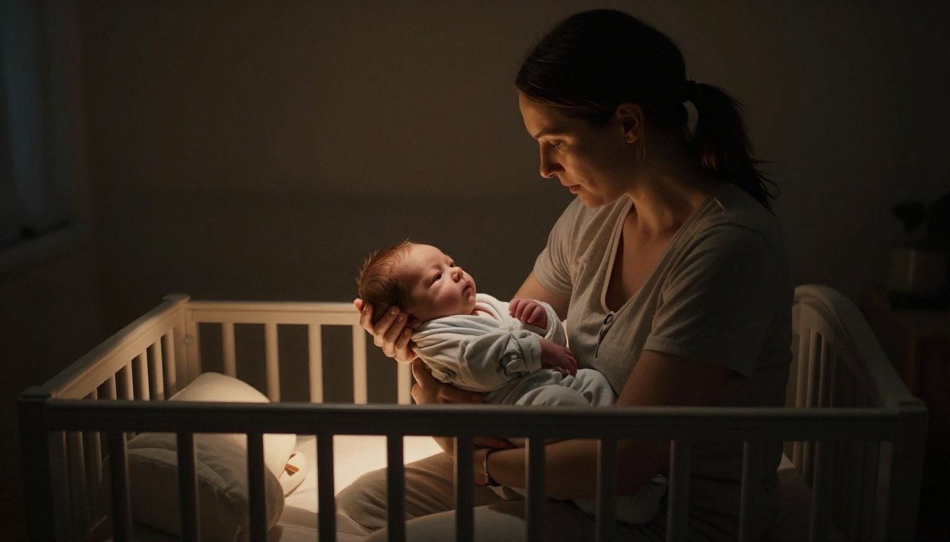 Mother gently holds a swaddled newborn in a dim nursery beside a bassinet.