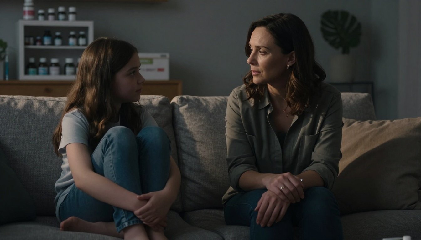 A mother listens to a teenage girl beside a locked medicine cabinet.