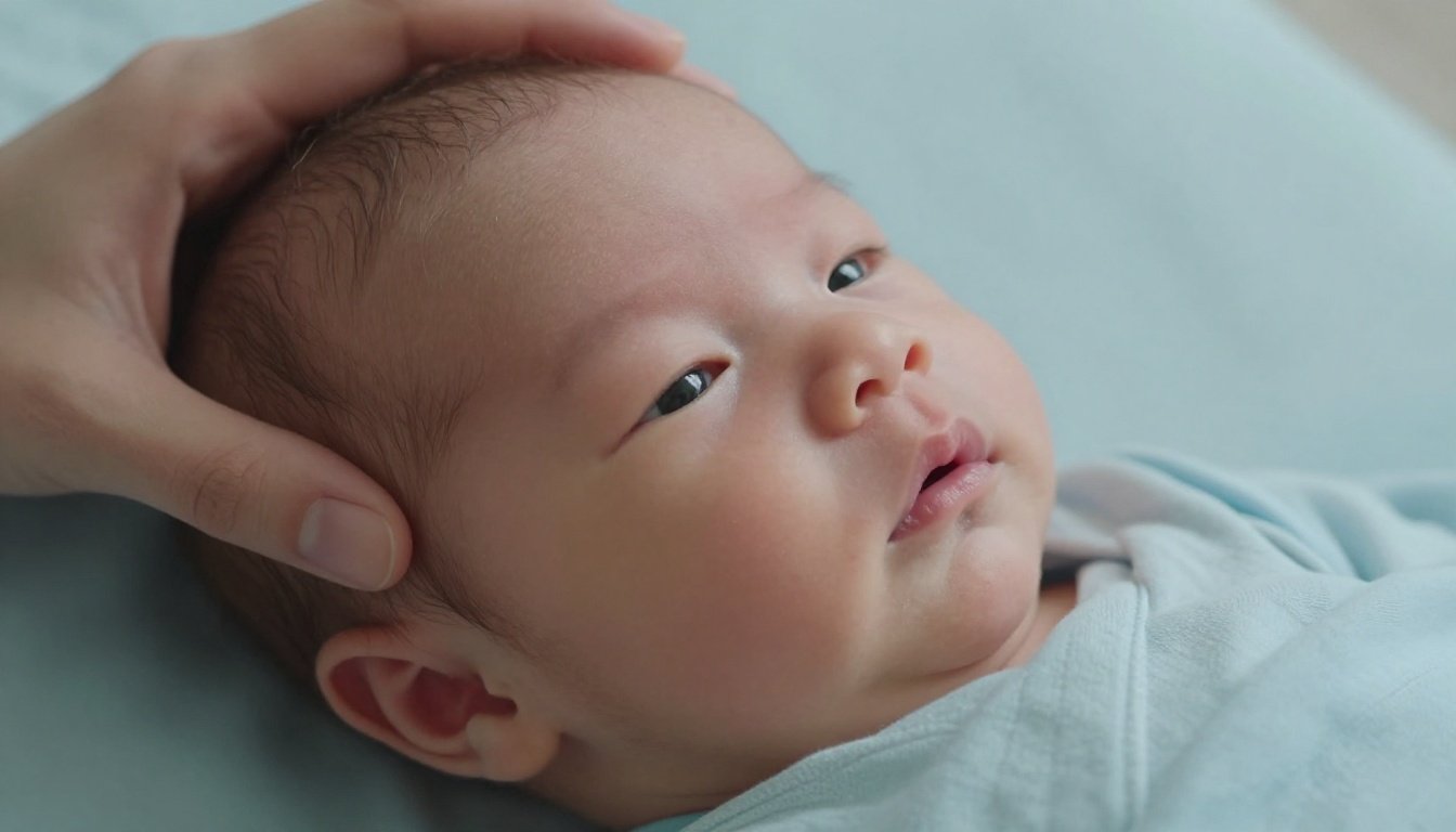 Newborn baby on a blue blanket with a mother’s hand gently supporting the head.