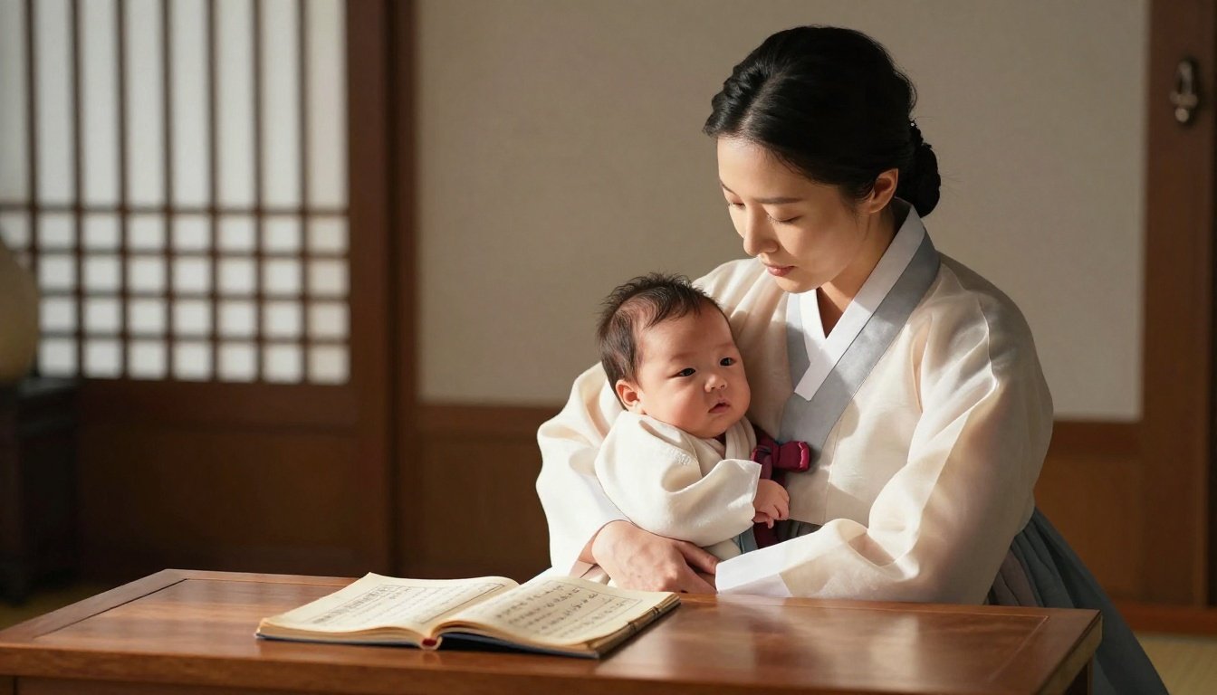 A mother in pastel hanbok cradles her newborn beside an open book.
