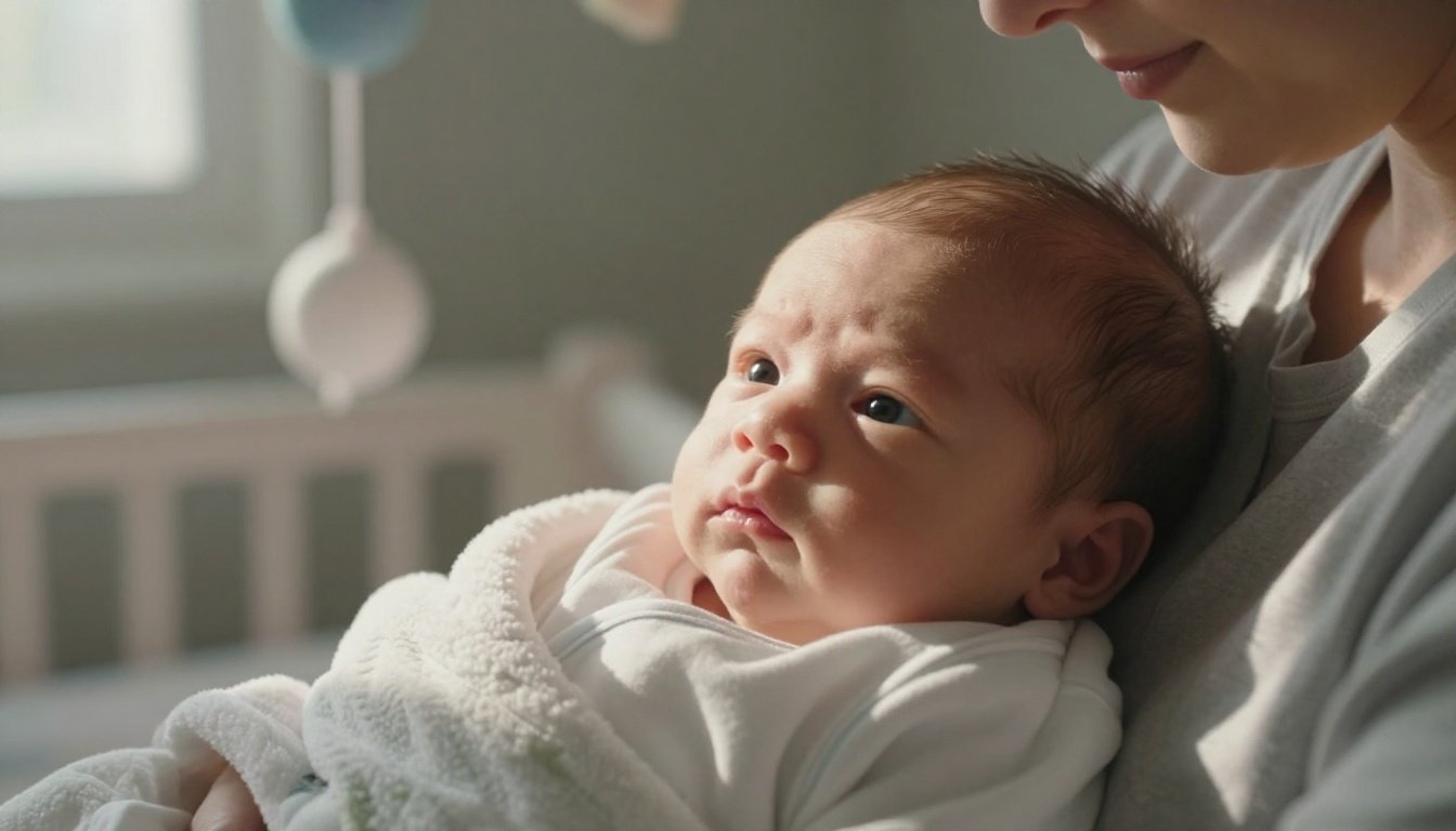 Newborn with wide eyes and a slight frown held in a parent’s hands.