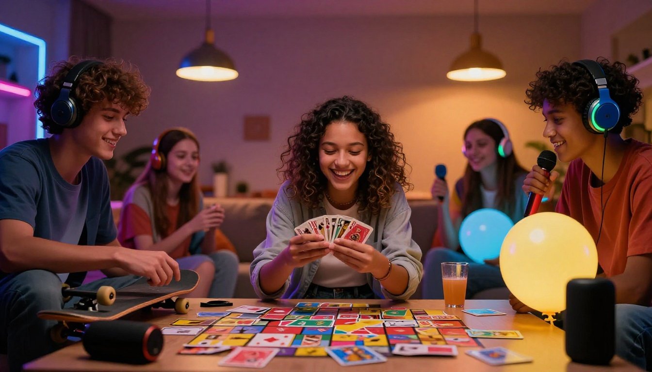 Teens play party games around a coffee table with cards, a skateboard, headphones, and a glowing balloon.