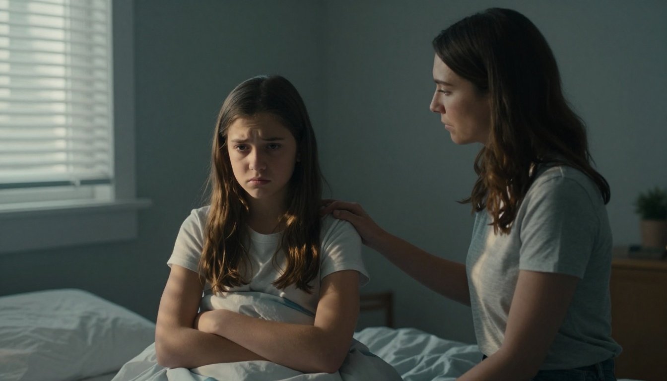 A mother comforts her upset teenage daughter on a bedroom bed.