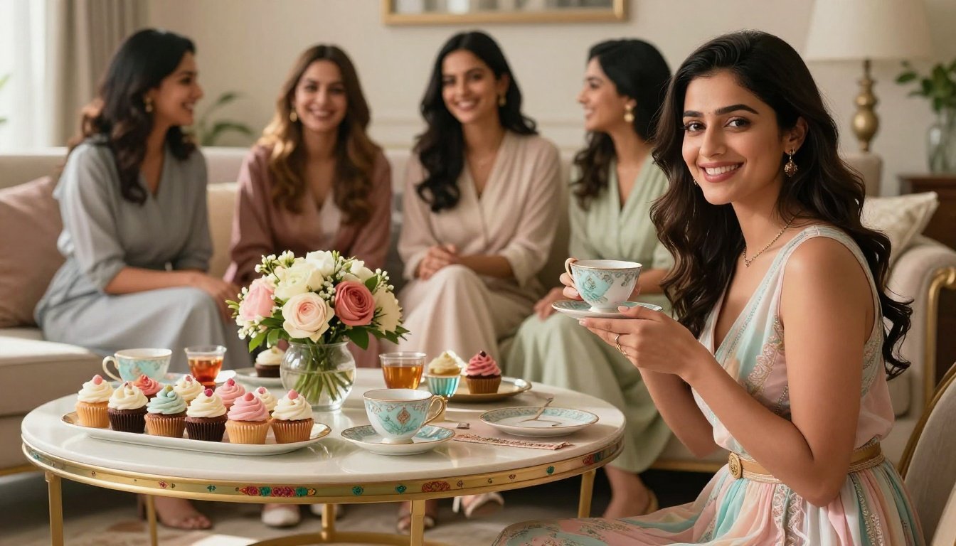 Smiling woman holding a teacup at a colorful gathering with friends, cupcakes, and flowers.