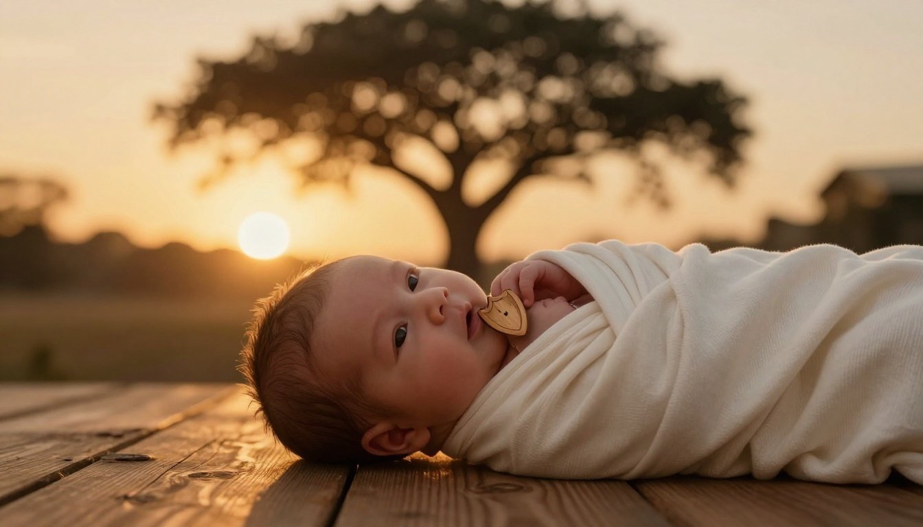 Newborn baby in an ivory blanket holding a tiny wooden shield.