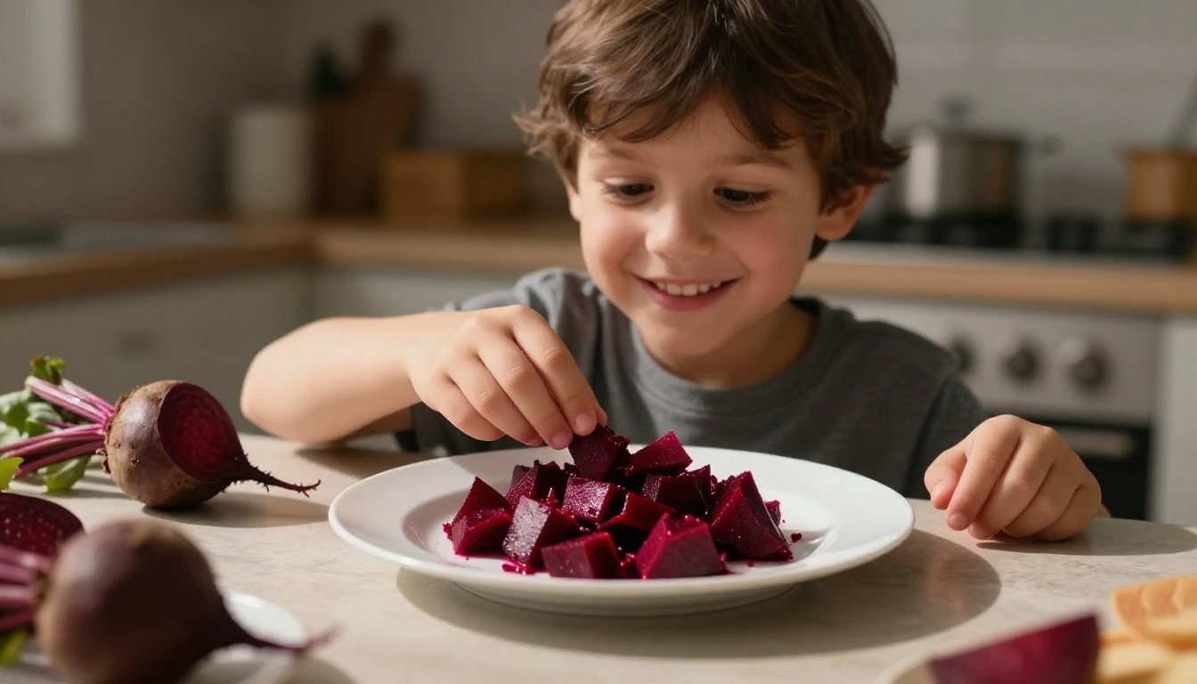A smiling child reaches for beetroot pieces on a white plate.