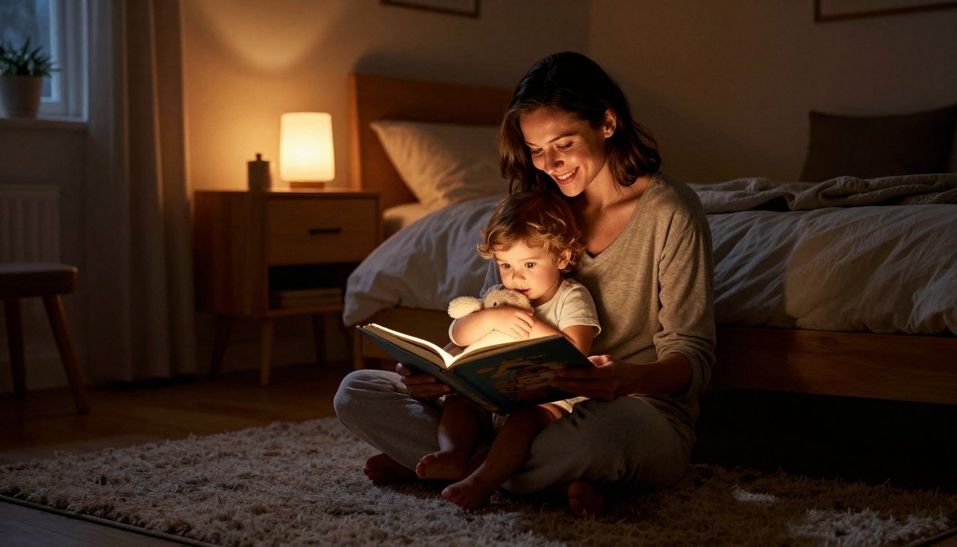 Mother reads a glowing picture book to a toddler holding a stuffed animal.