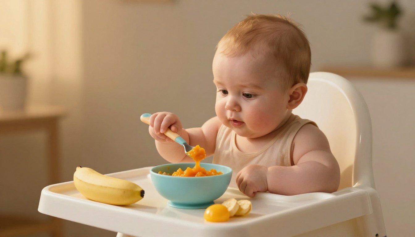 Baby reaching for sweet-potato puree beside first foods on a tray.