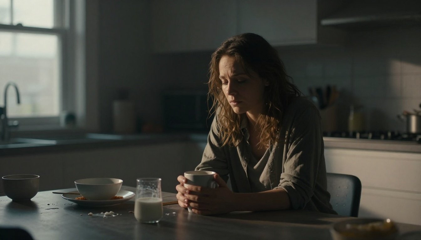 A tired mother holds coffee in a messy kitchen at dawn.
