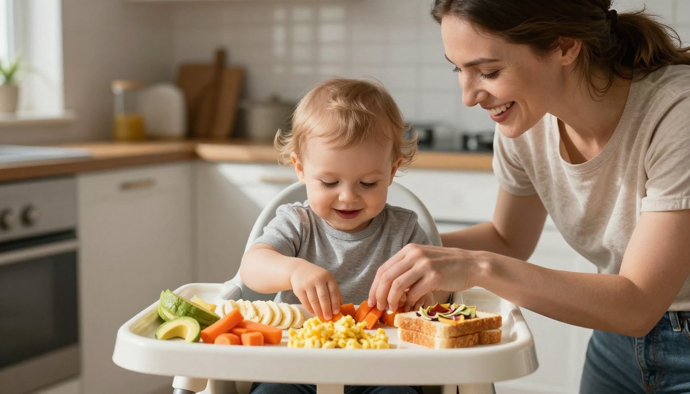 Toddler reaching for colorful finger foods on a tray while a mother looks on.