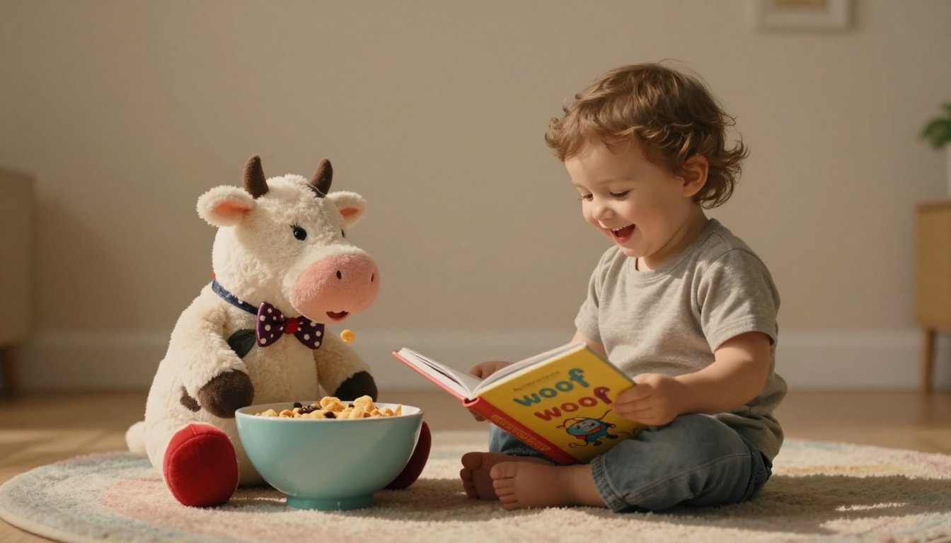 Smiling toddler reads a picture book beside a bunny and playful cartoon cow.